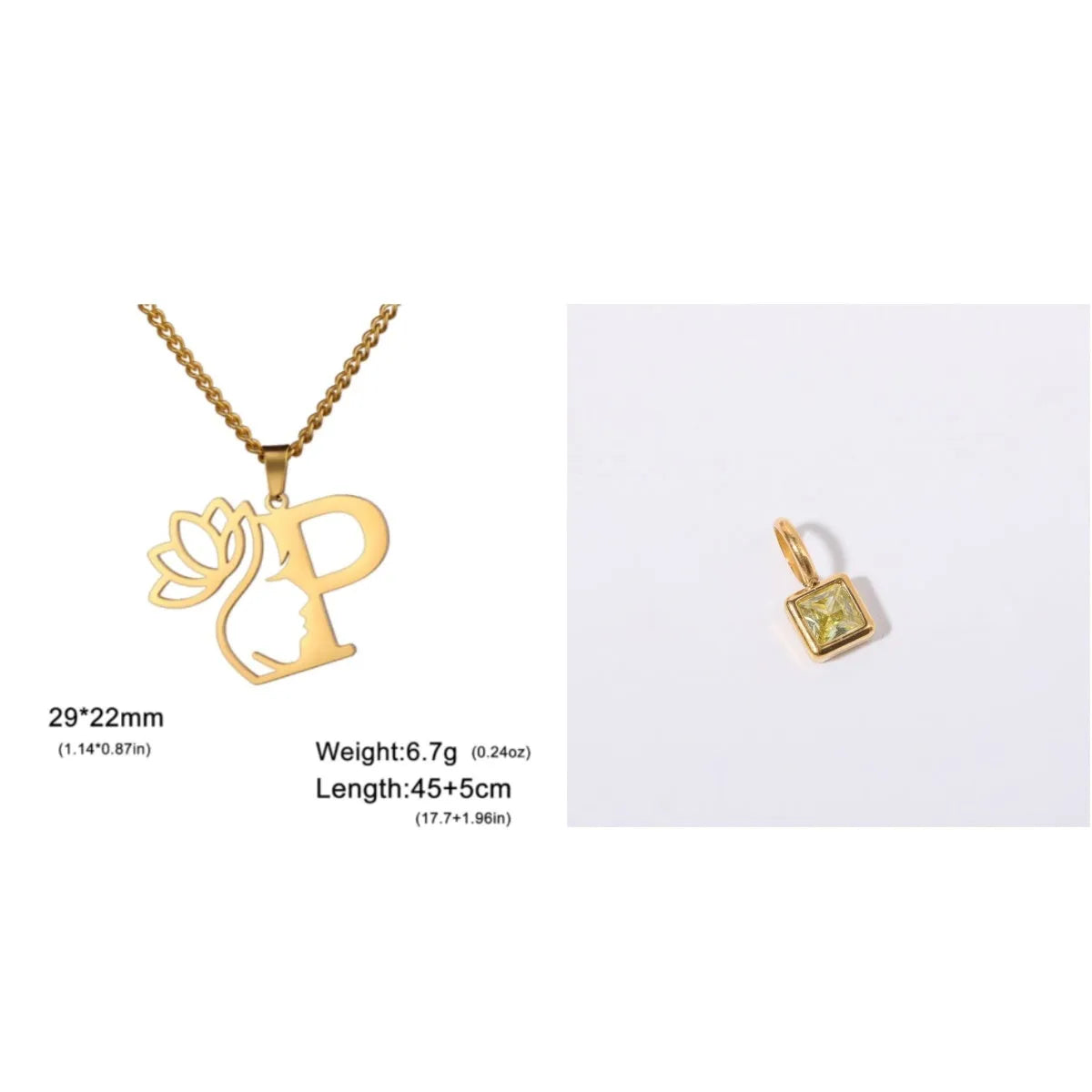 Stainless steel necklace with cross chain and a single letter pendant in gold or silver finish.