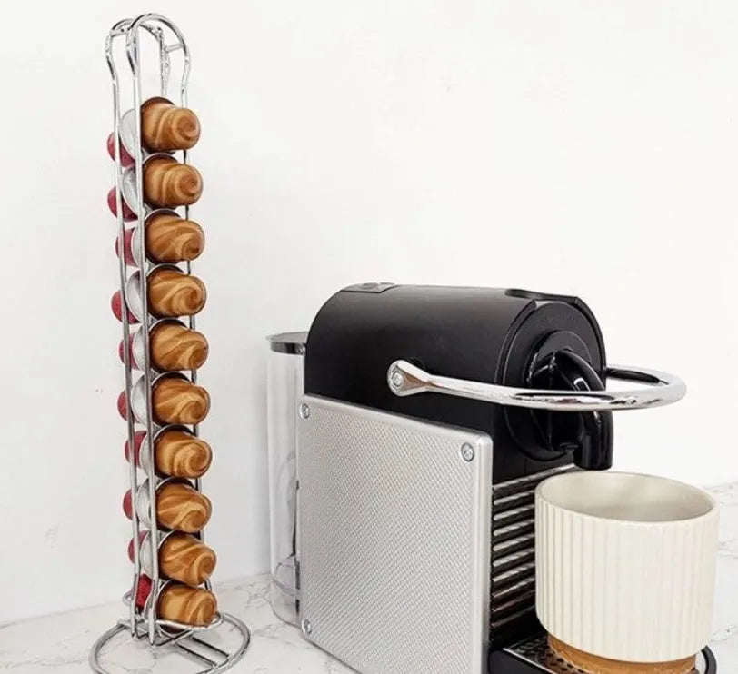 Wrought iron coffee capsule storage rack holding 20 capsules in spray black finish