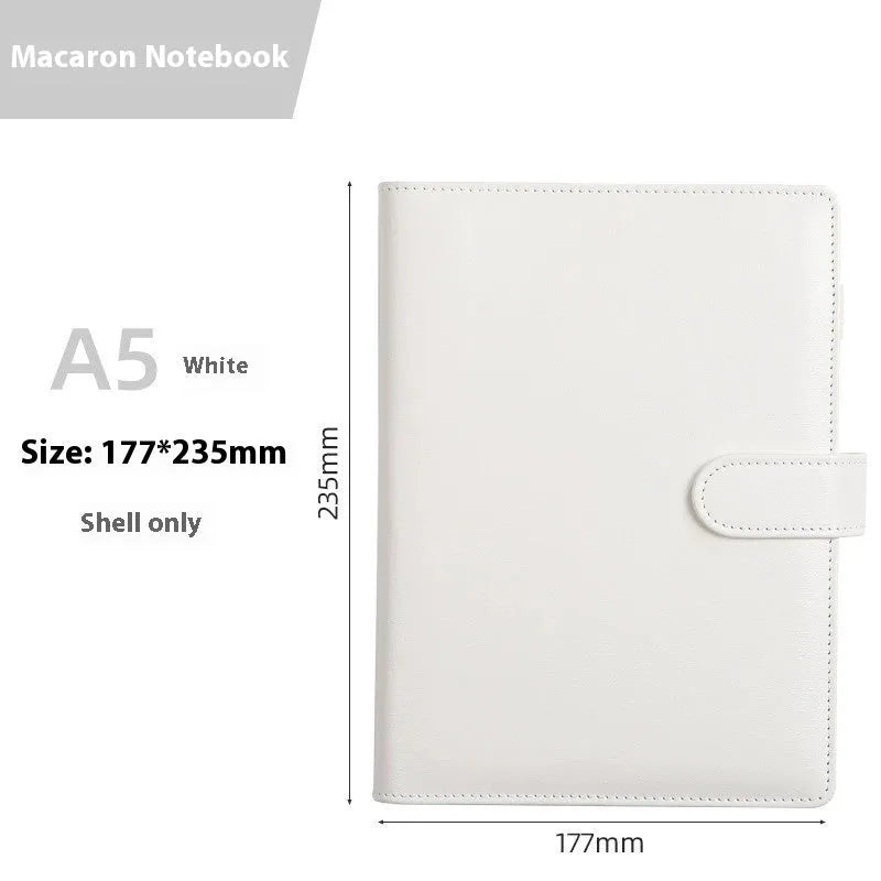 A5 PU leather zippered notebook shell in multiple solid colours including pink, blue, and black.