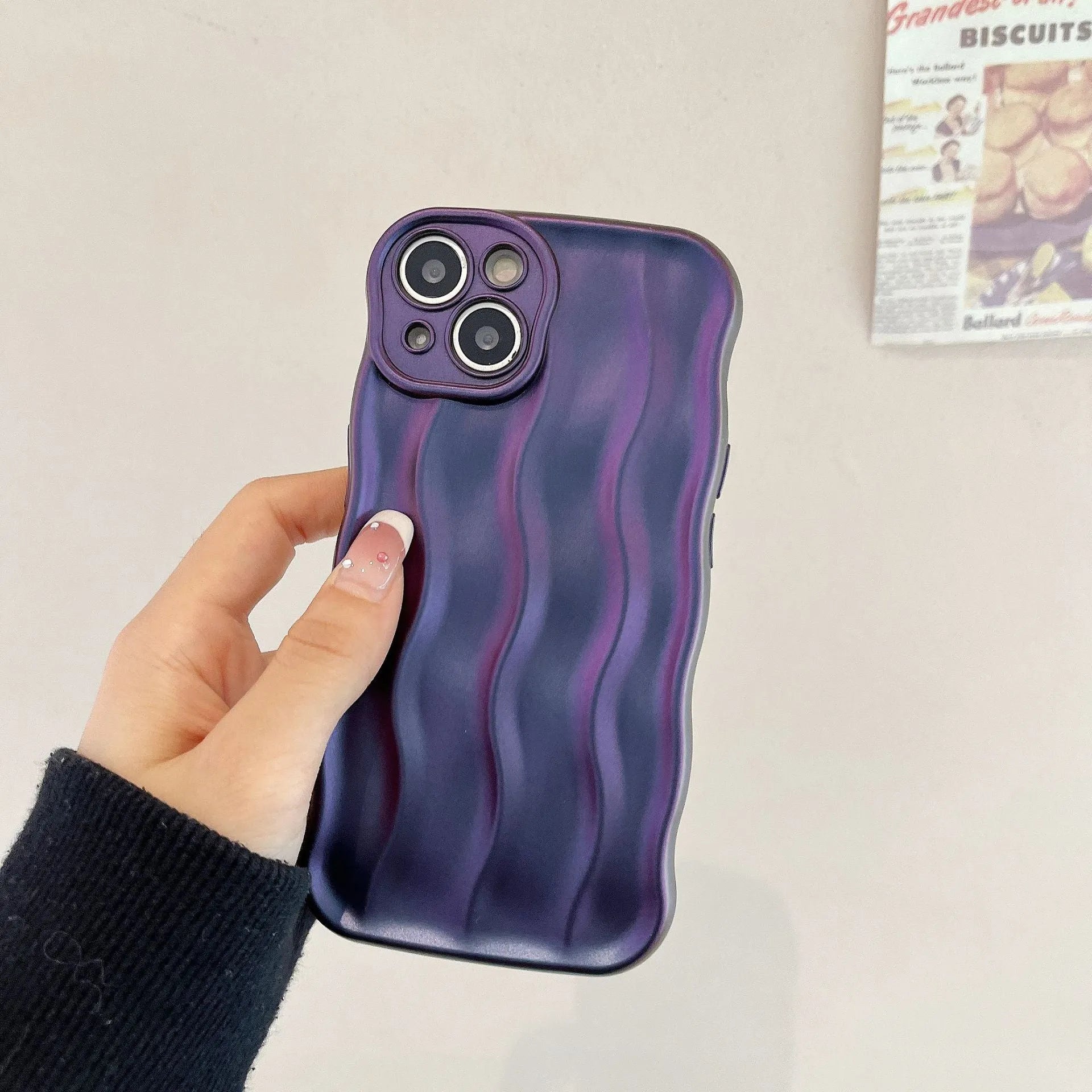 iPhone 17 silicone phone case with water ripple texture in green, purple, silver, beige, or burgundy