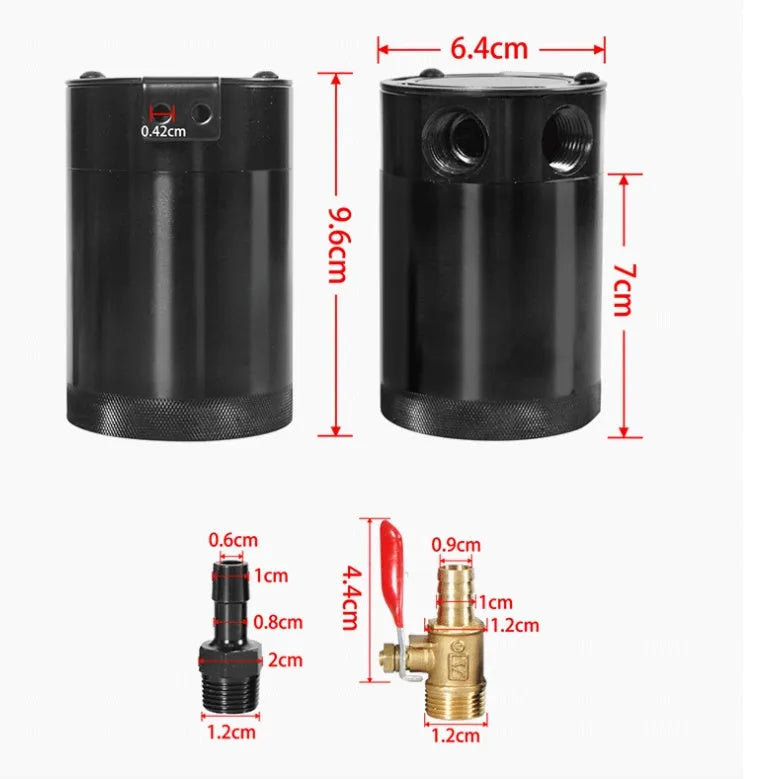 Black aluminium automotive oil pot with two-hole breathable design and connector fittings