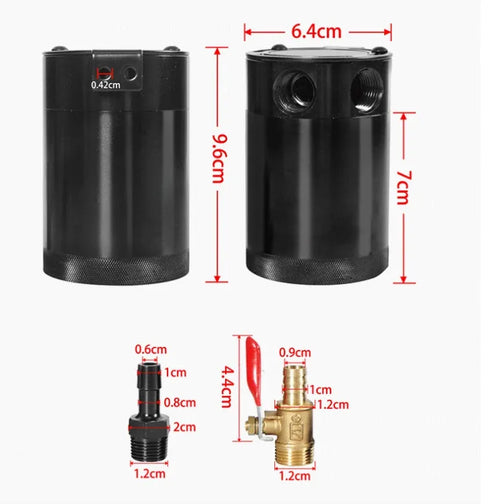 Black aluminium automotive oil pot with two-hole breathable design and connector fittings