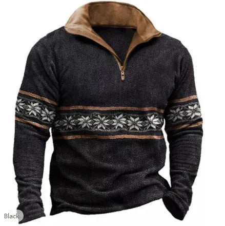 Men's loose-fit long-sleeved t-shirt with retro colour printing and a zip decoration detail.