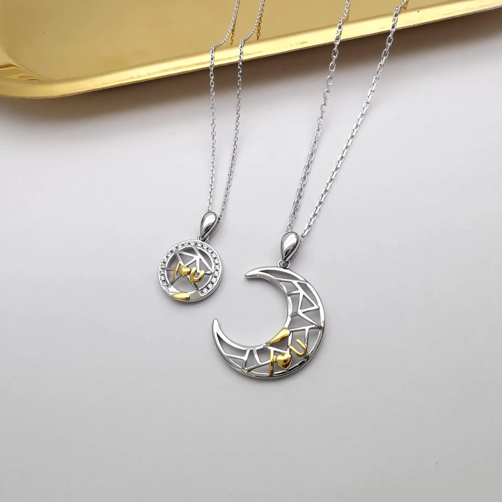 Red sun moon couple necklace with copper pendants on cross chain