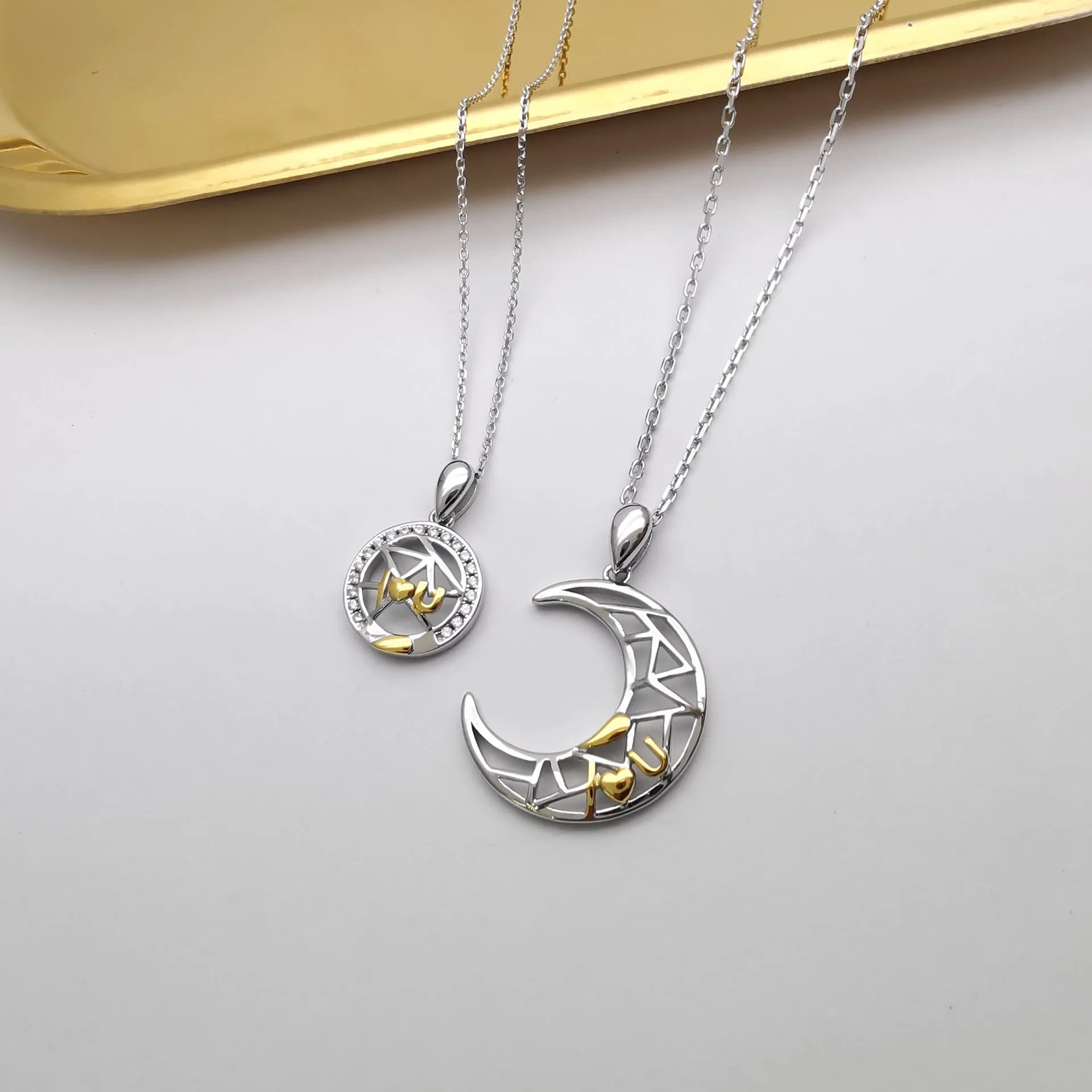 Red sun moon couple necklace with copper pendants on cross chain