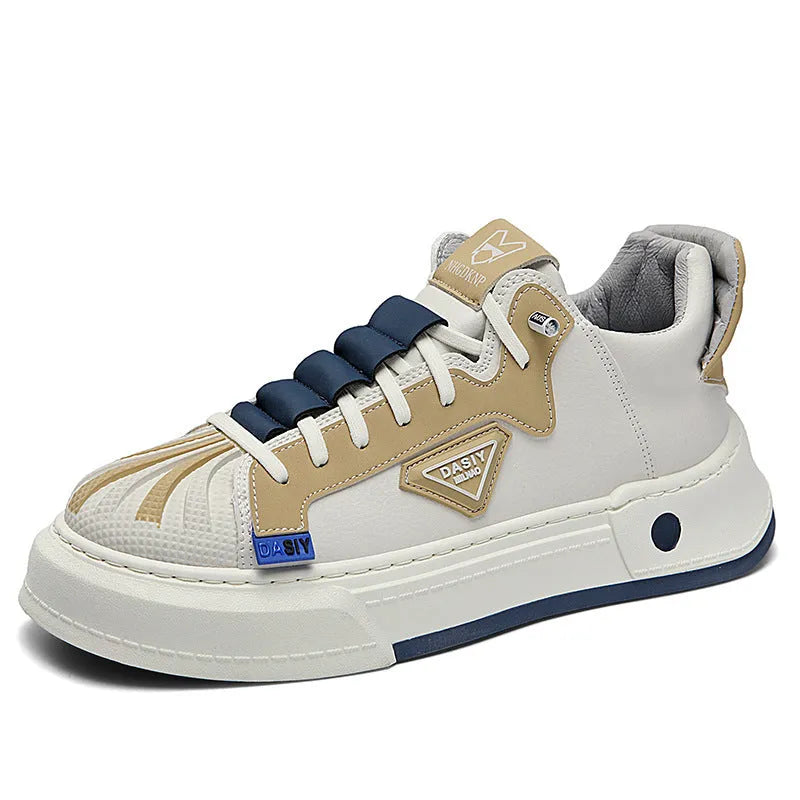 Men's beige low-top casual sneakers with elastic band closure and round toe.