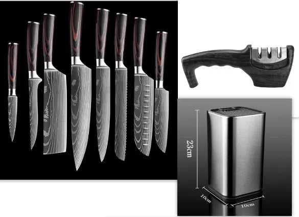 30cm chef knife with Damascus pattern blade and colour steel handle