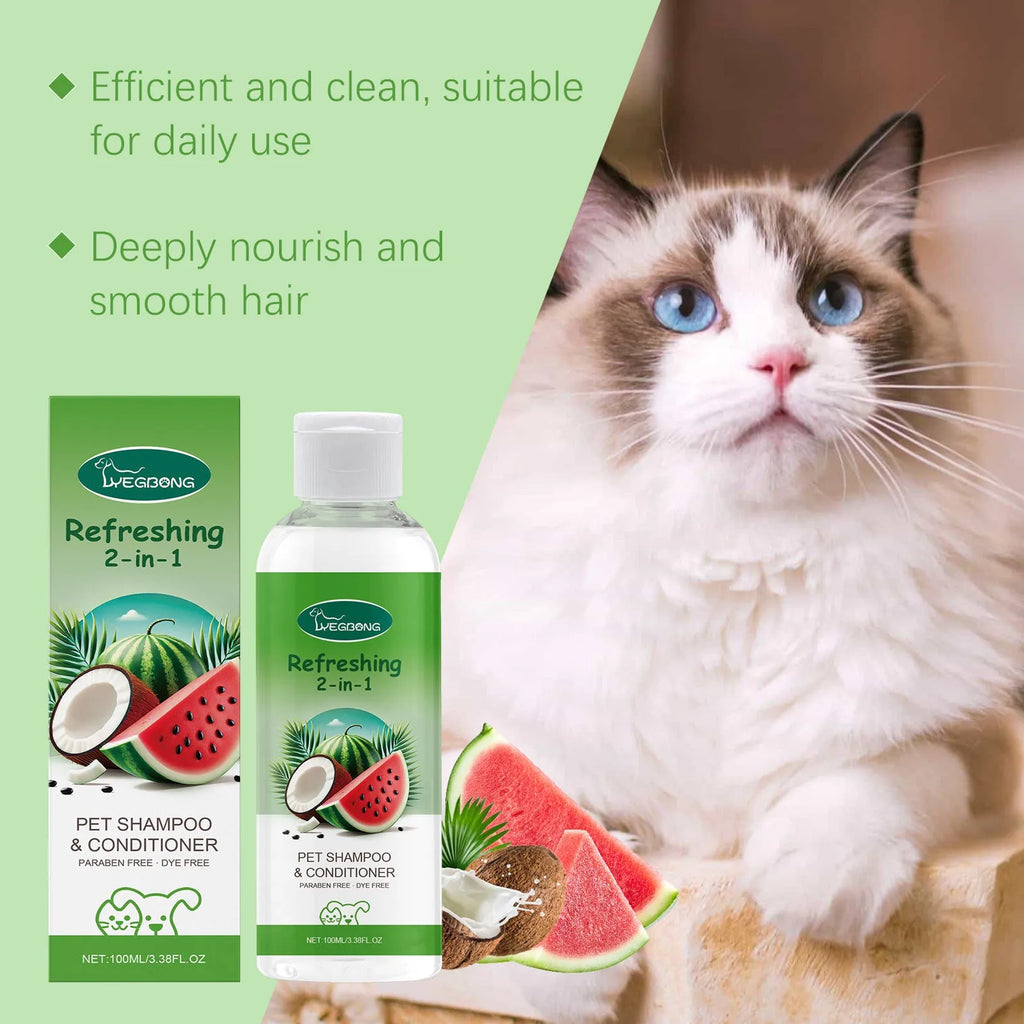 100ml bottle of pet 2-in-1 shampoo fragrance shower gel with watermelon and coconut extract.
