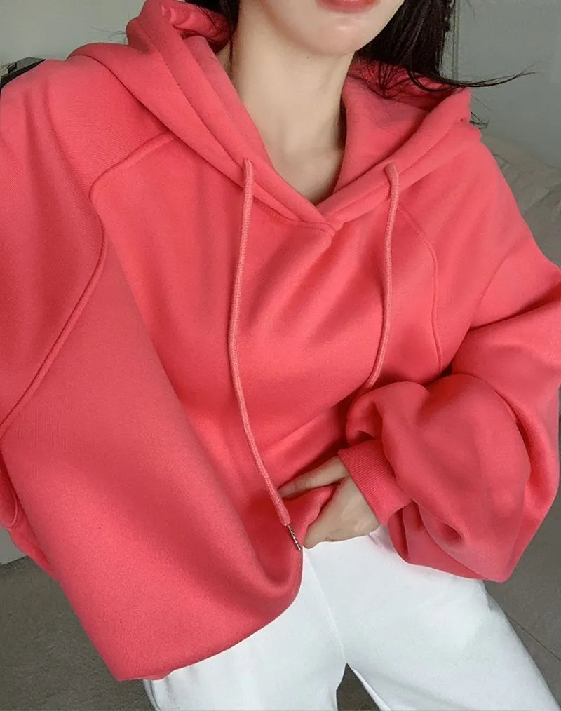 Women's watermelon red mulberry silk loose hooded sweater front and back views