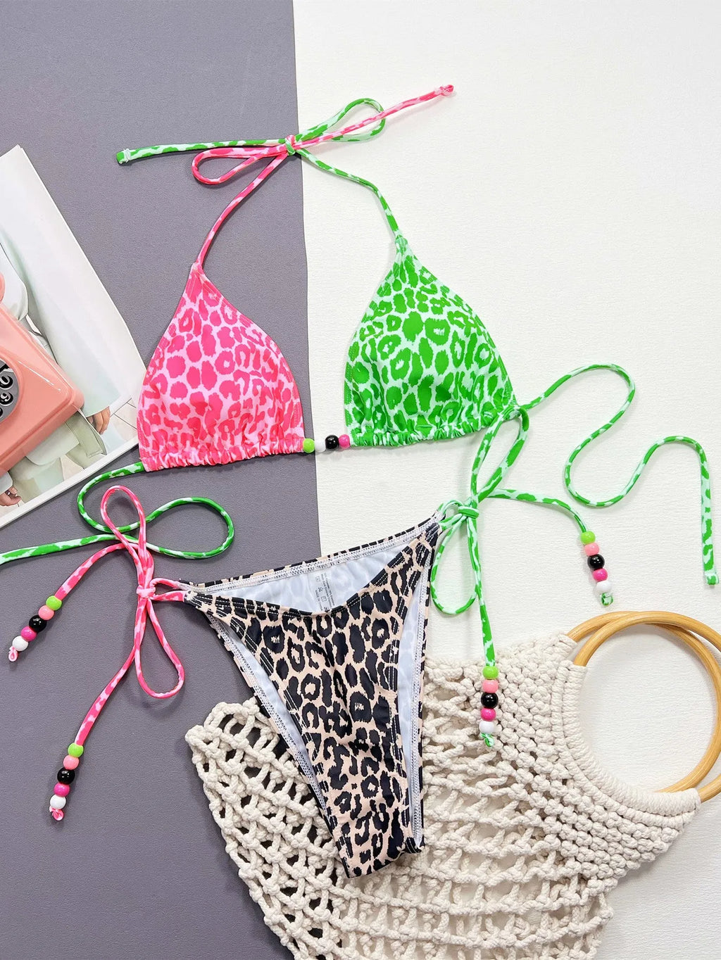 Leopard print women's bikini swimsuit with briefs style and lining.