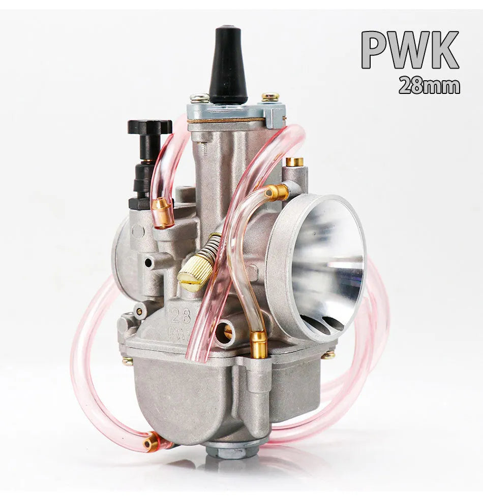 Sandblasted PWK motorcycle carburetor kit with size options from 21mm to 34mm bore.