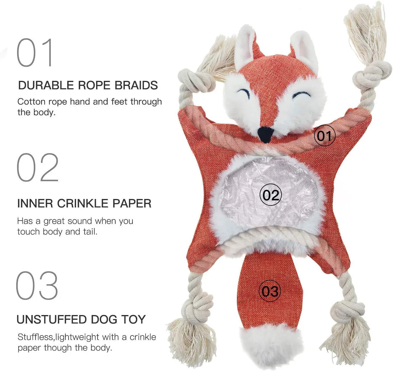 Brown fox-shaped dog toy with squeaker, crinkle paper, cotton rope limbs, and embroidered eyes