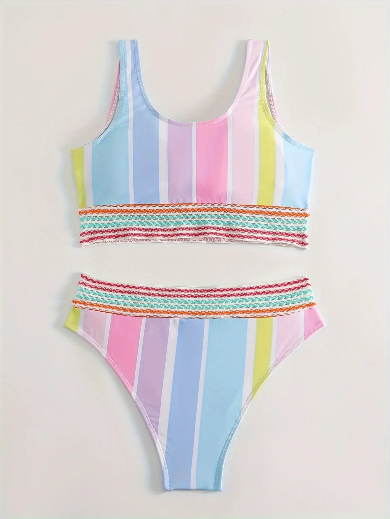 Women's striped sports casual bikini set with briefs, top and bottom shown.