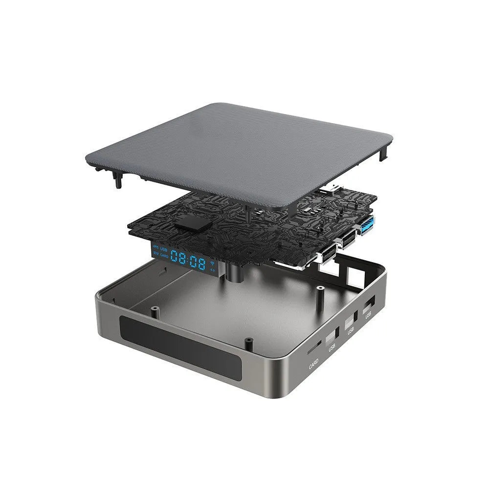 Android 8K TV set-top box with remote control, HDMI cable, and power supply on a white background.
