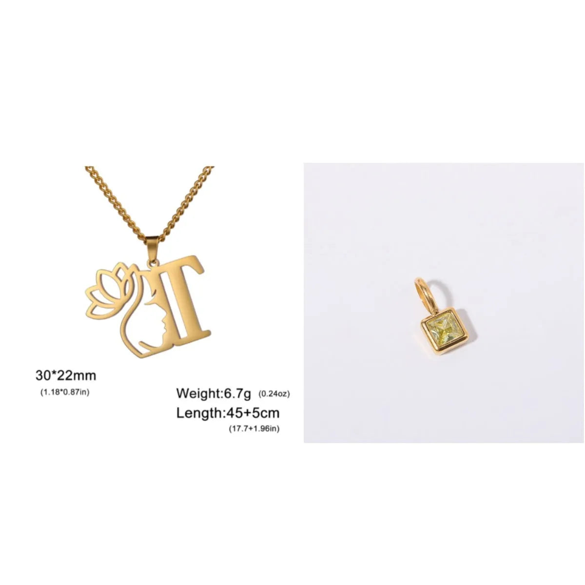 Stainless steel necklace with cross chain and a single letter pendant in gold or silver finish.