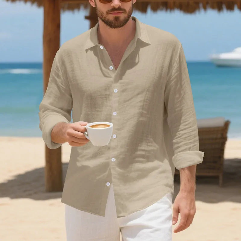 Men's linen Hawaiian casual shirt in loose American style fit with non-ironing processing