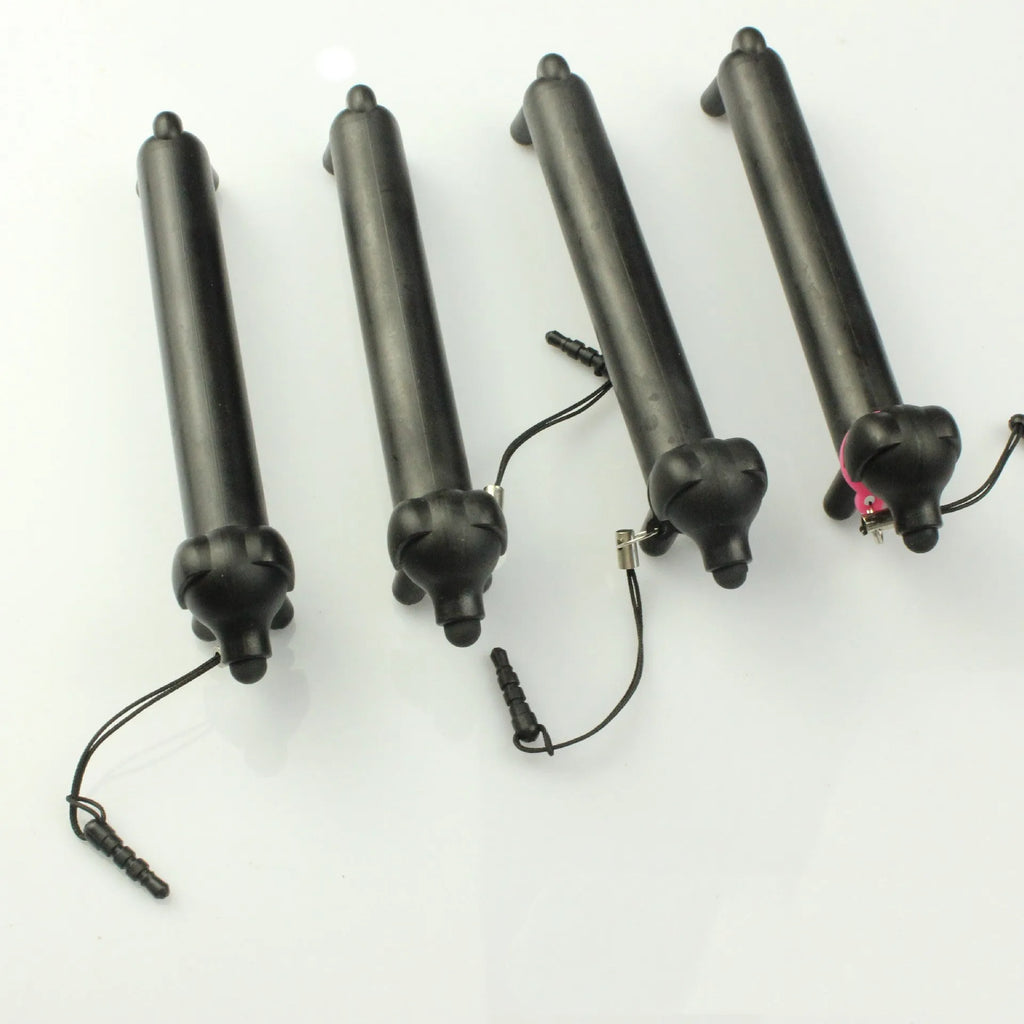 Black dog-shaped touch screen stylus pen showing adjustable length design and phone holder functionality