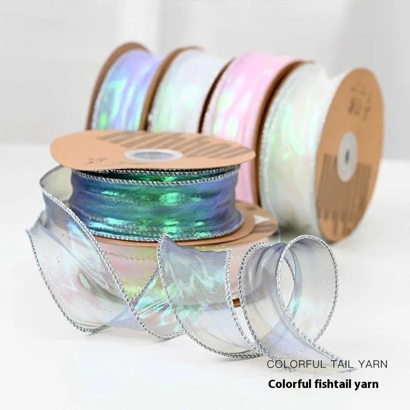 Fishtail yarn floral ribbon in mesh fabric with wave shape and edge cutting, 4cm width