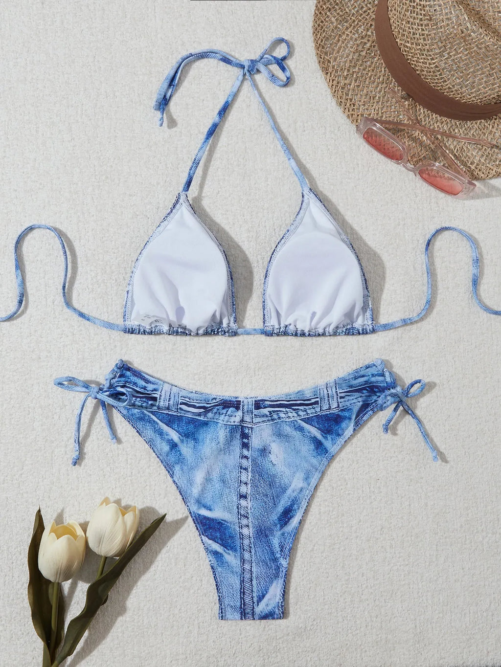 Women's denim blue printed bikini set with adjustable straps, front view