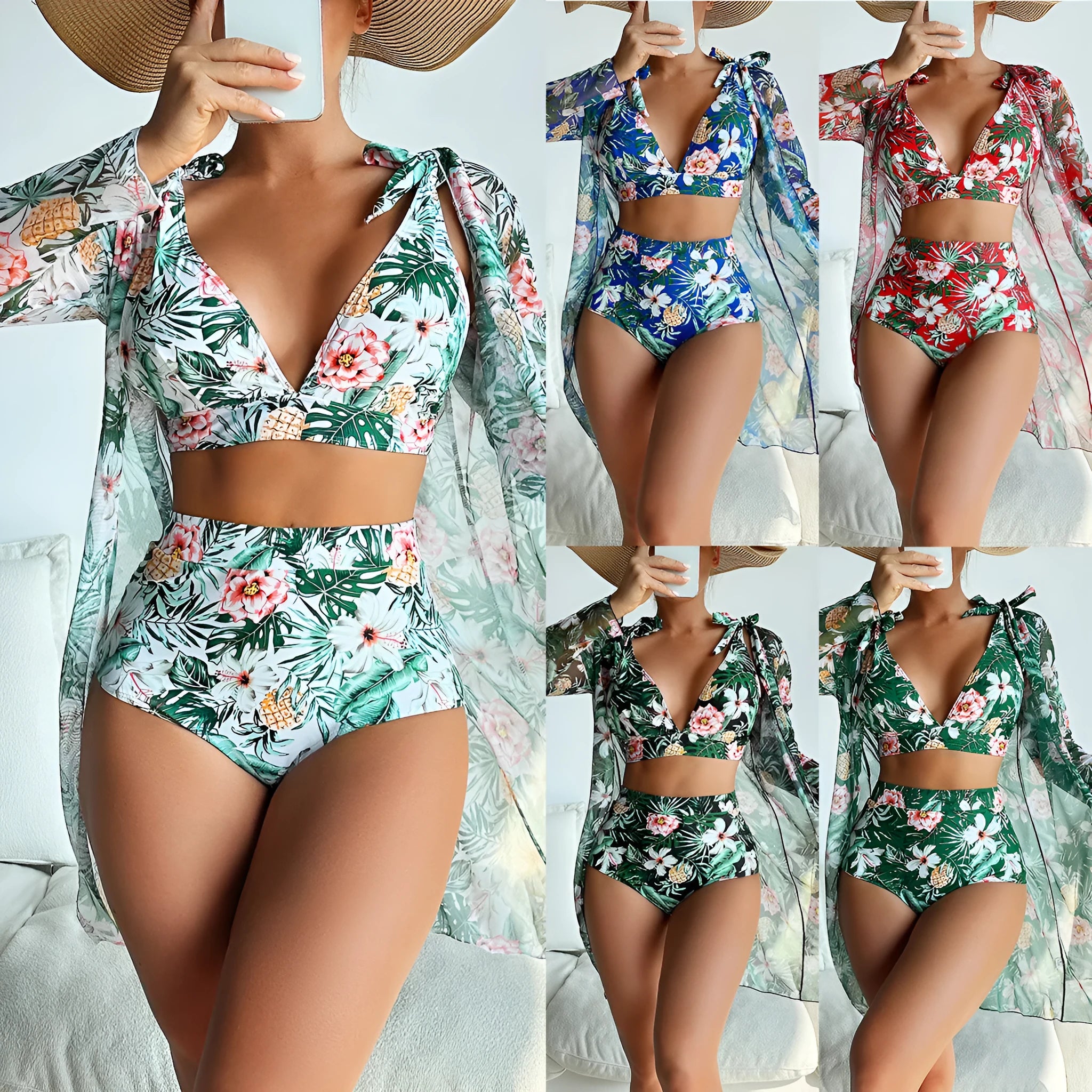 Women's printed bikini three-piece swimsuit set on a mannequin, showing pattern detail