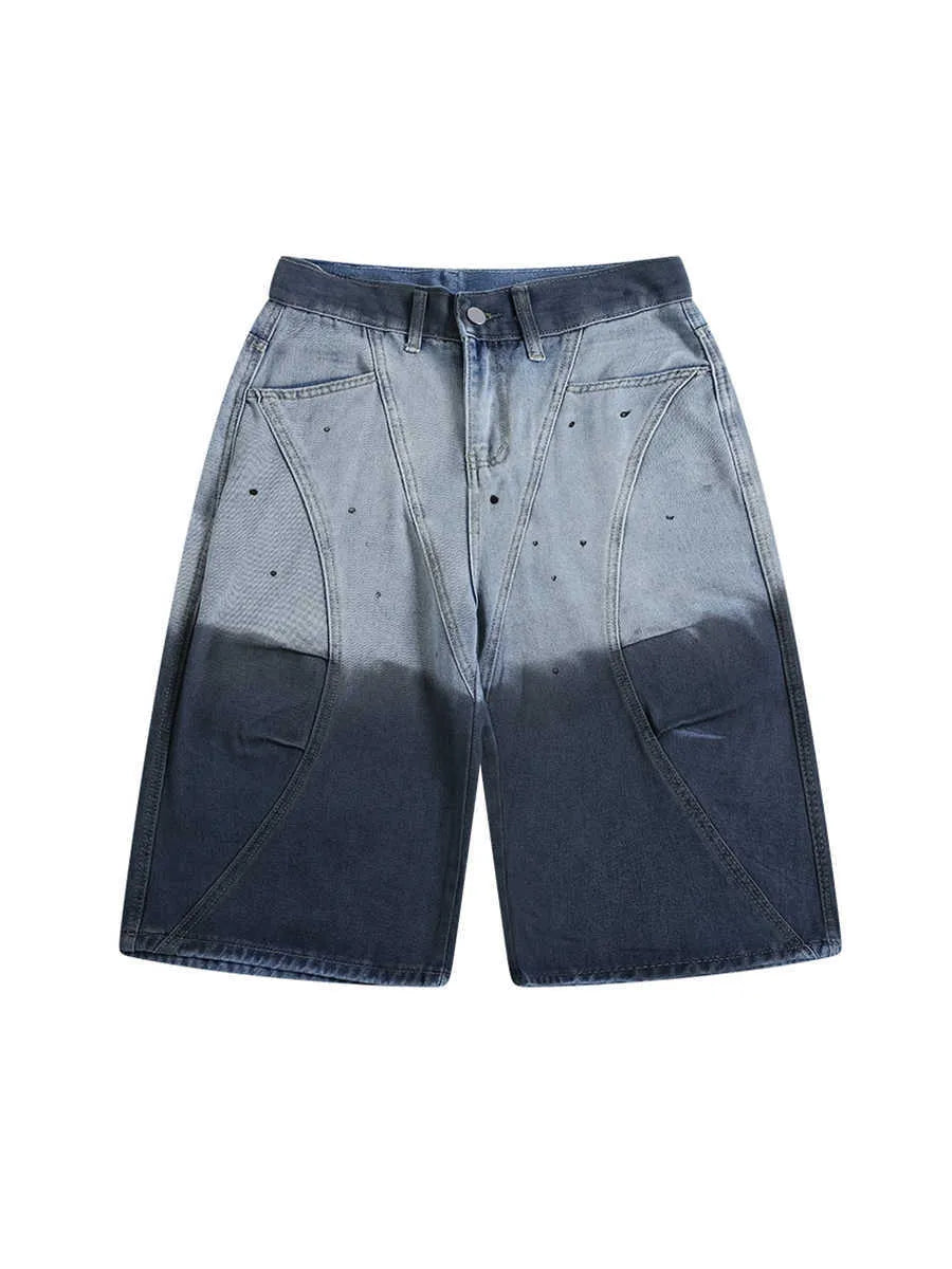 Blue tie-dye gradient cropped jeans with loose fit and washed-out colour
