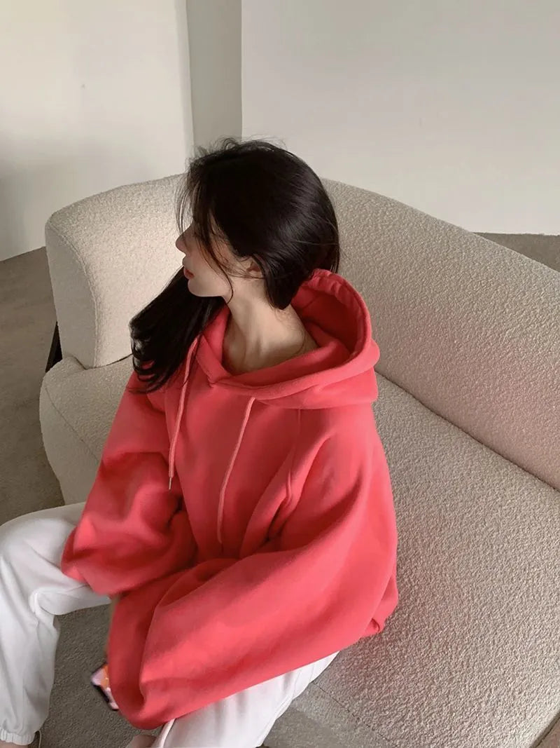 Women's watermelon red mulberry silk loose hooded sweater front and back views