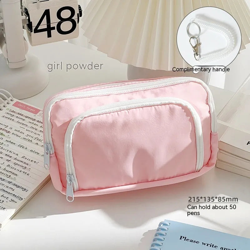 Double layer fabric pencil case in blue, cream, green or pink with gift handle