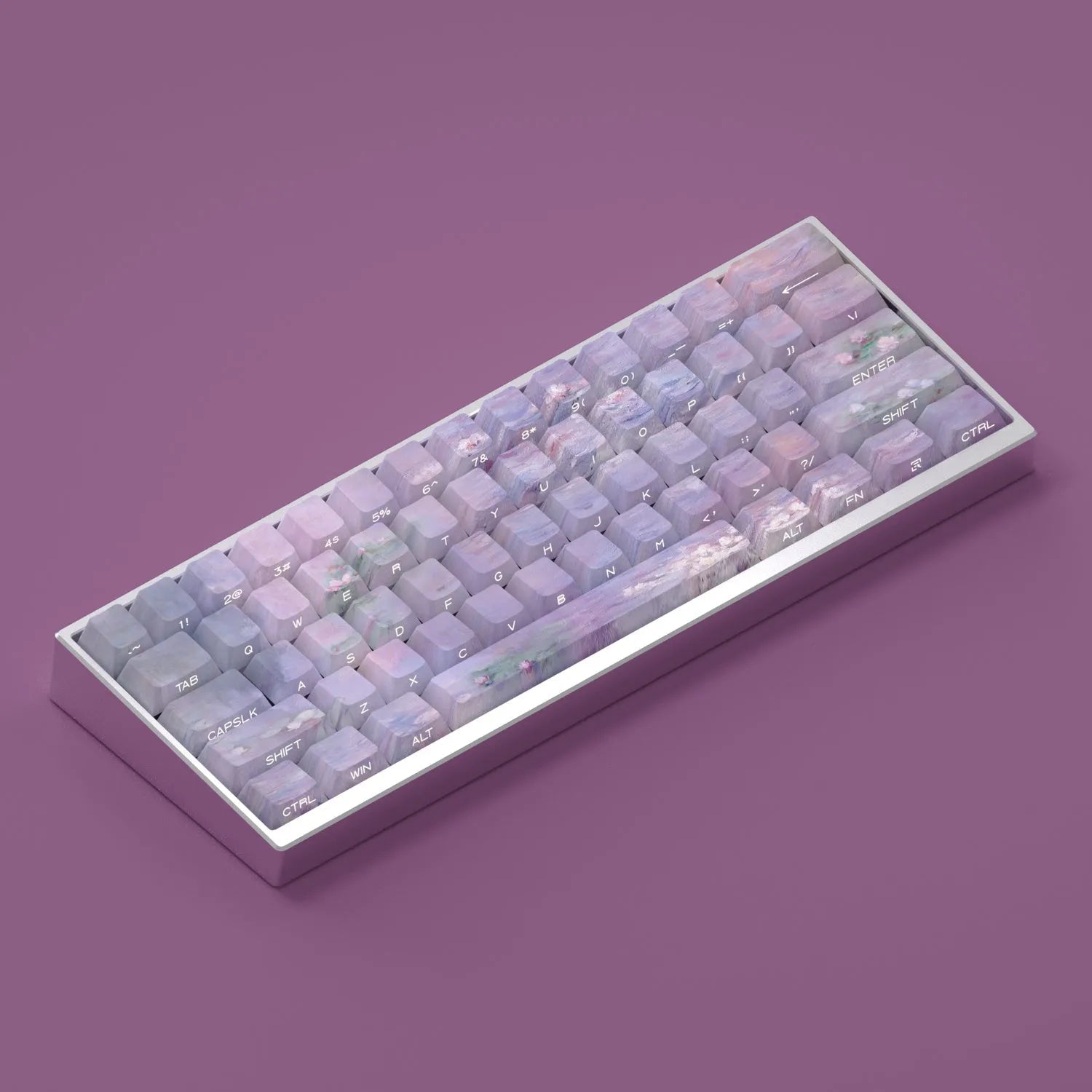 Wenshao Sleeping Lotus PBT key cap set showing side-carved transparent characters and complete 130-key layout