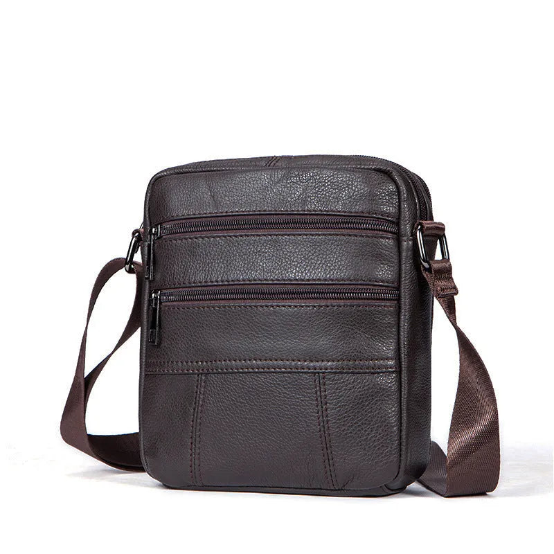 Vertical square genuine cowhide leather shoulder bag for men with zipper closure and internal organisation pockets