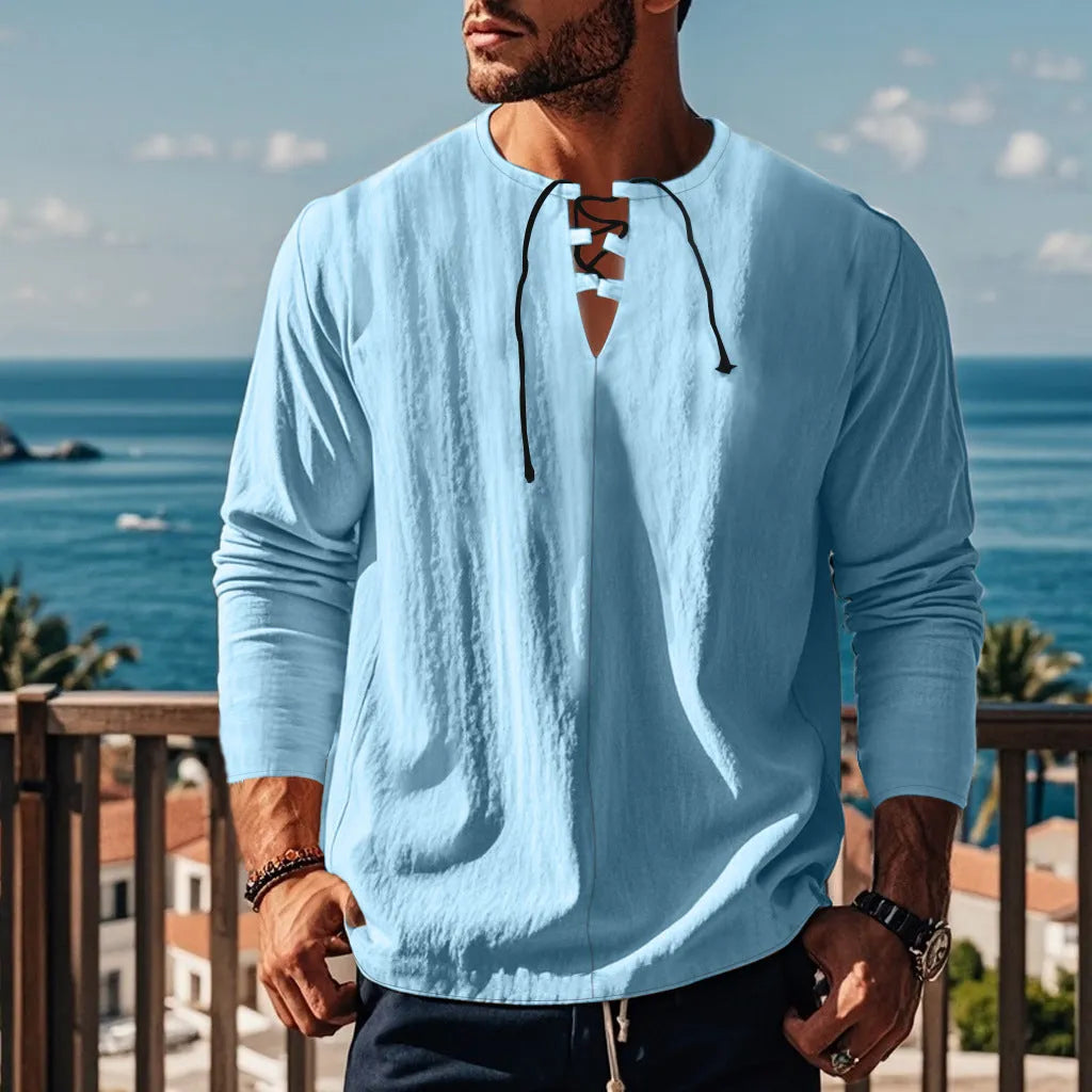 Men's solid colour cotton linen beach shirt in loose fit pullover style