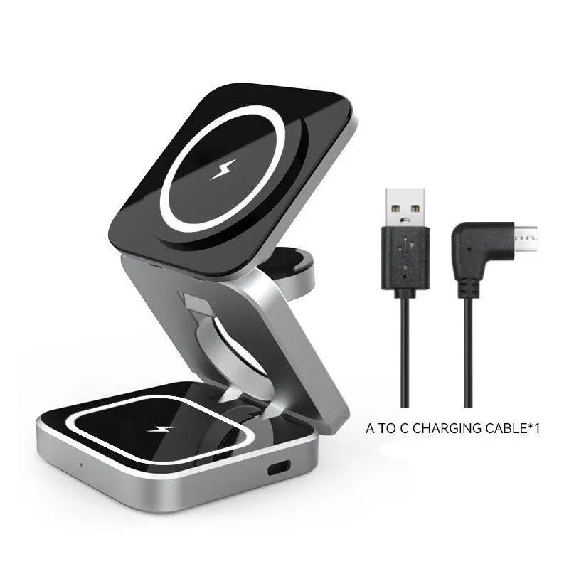 Foldable three-in-one desktop wireless charging stand for Apple iPhone and Samsung Galaxy phone.