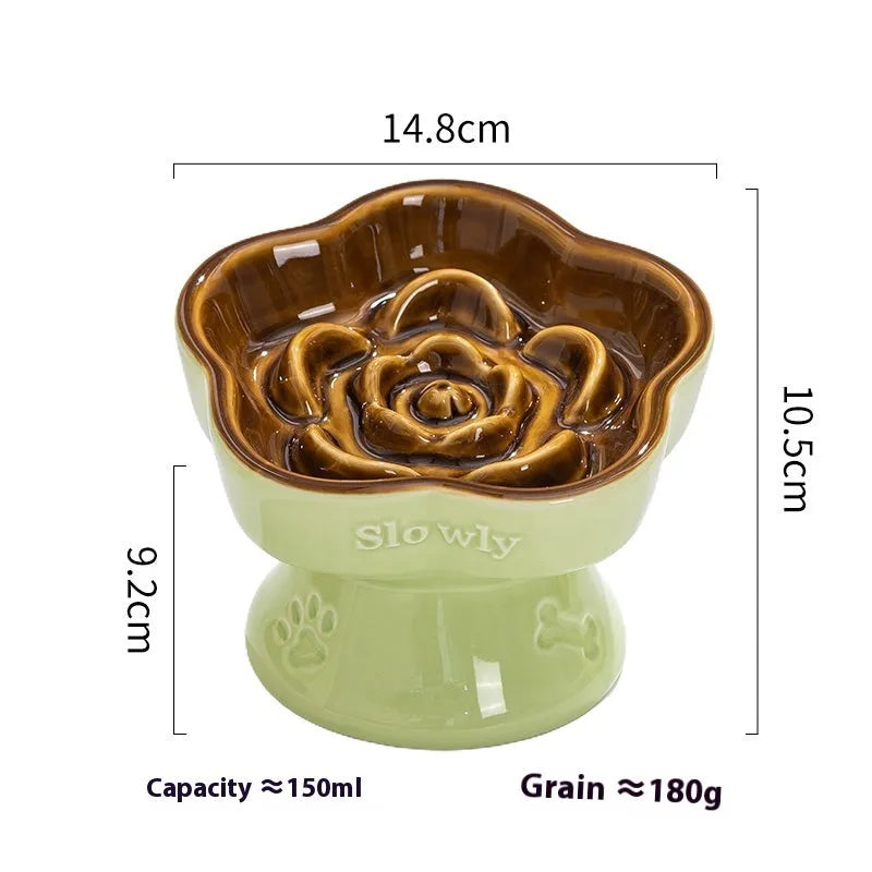 Ceramic pet bowl with anti-tumble design and raised chin support for cats and dogs