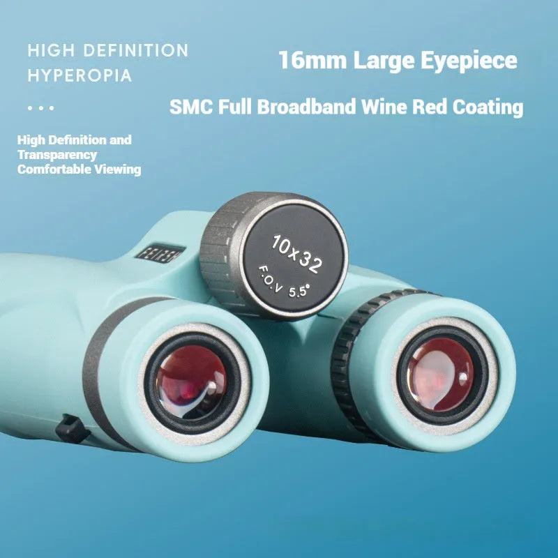 10x32 binoculars with wine red film imaging in blue colour showing compact design
