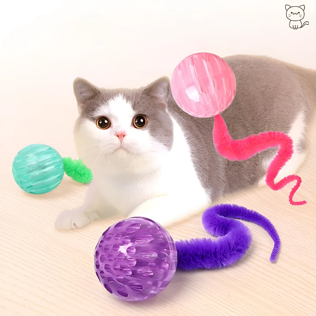 Interactive cat ball toy with worm-like plush tail in green, pink or purple colours