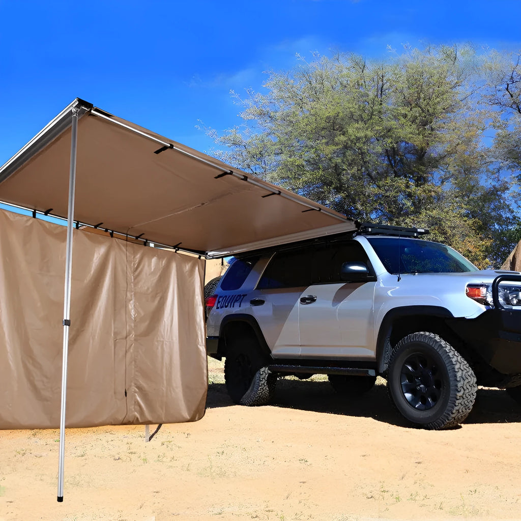 Camping tent sunshade with aluminium poles and camouflage or black glue style, set up outdoors.