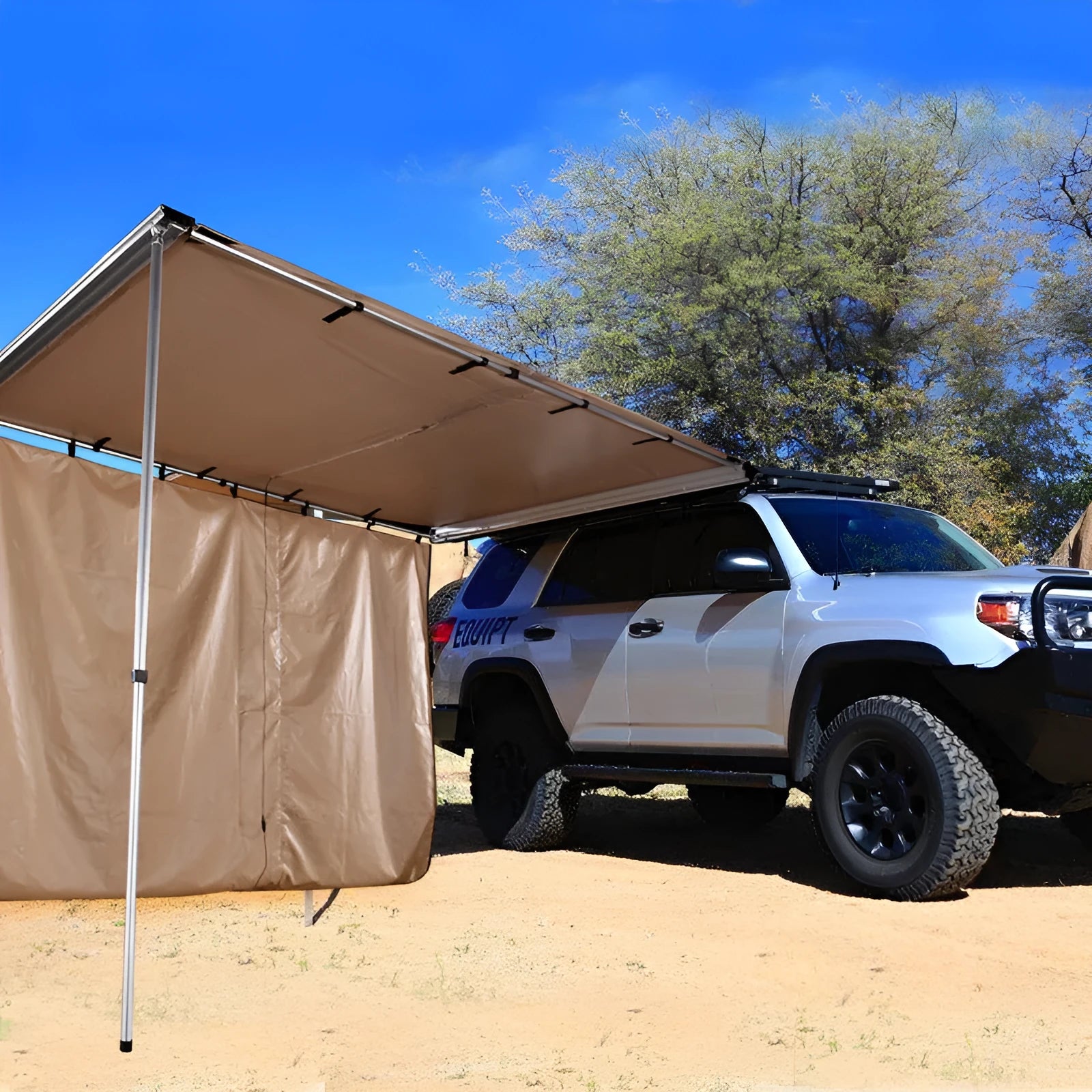 Camping tent sunshade with aluminium poles and camouflage or black glue style, set up outdoors.
