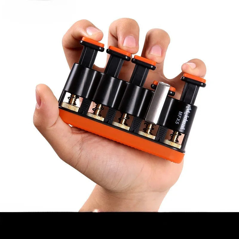 Grey and orange portable silicone finger trainer for musician hand muscle development.