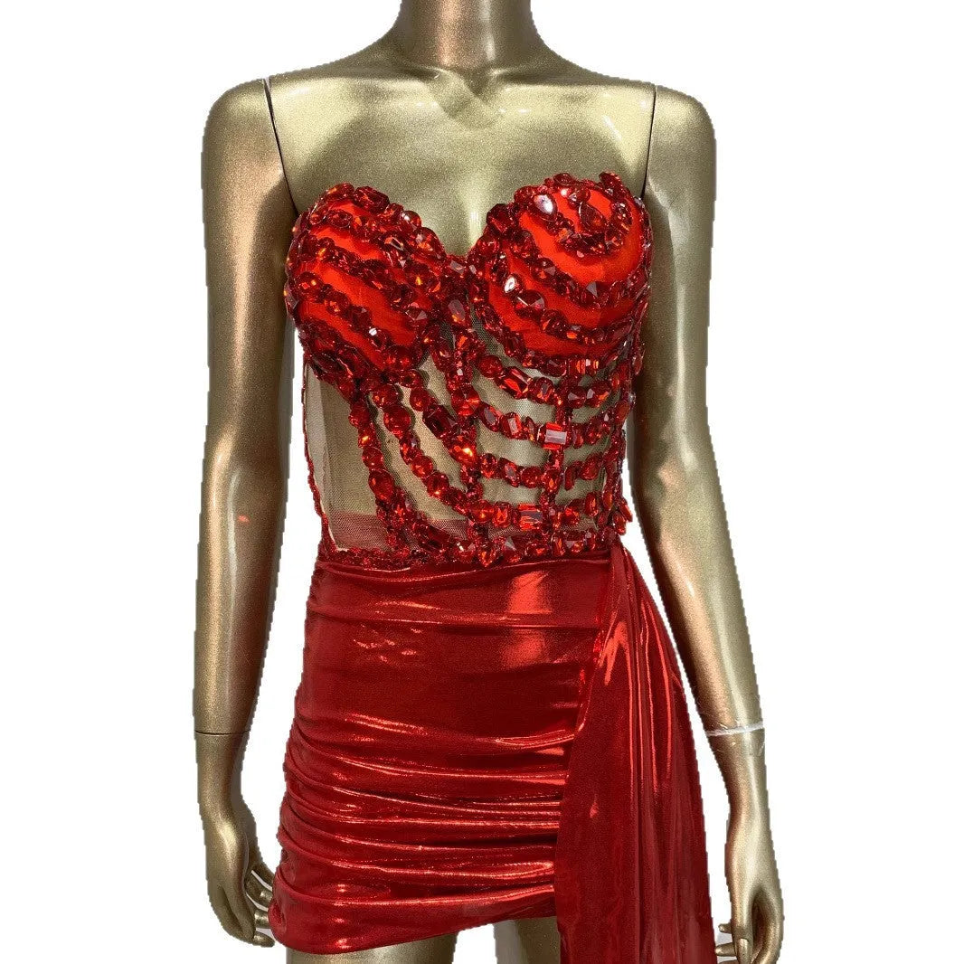 Red hollow mesh see-through women's skirt suit for stage and banquet events