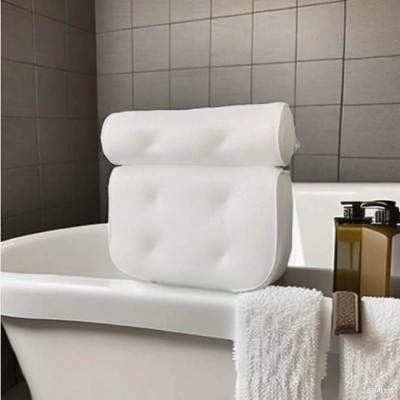White 4D mesh bathtub pillow with suction cups, shown on bathtub edge.