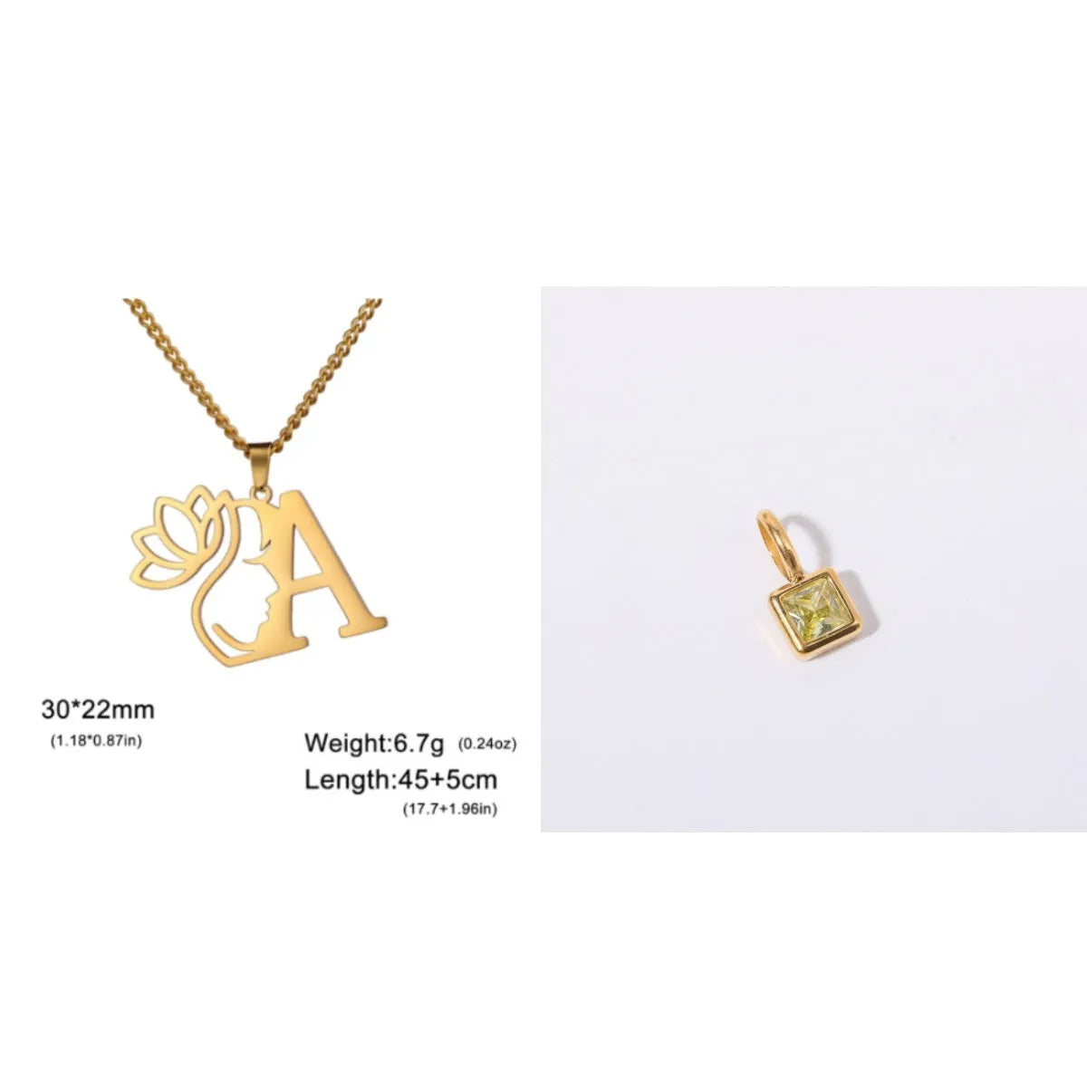 Stainless steel necklace with cross chain and a single letter pendant in gold or silver finish.