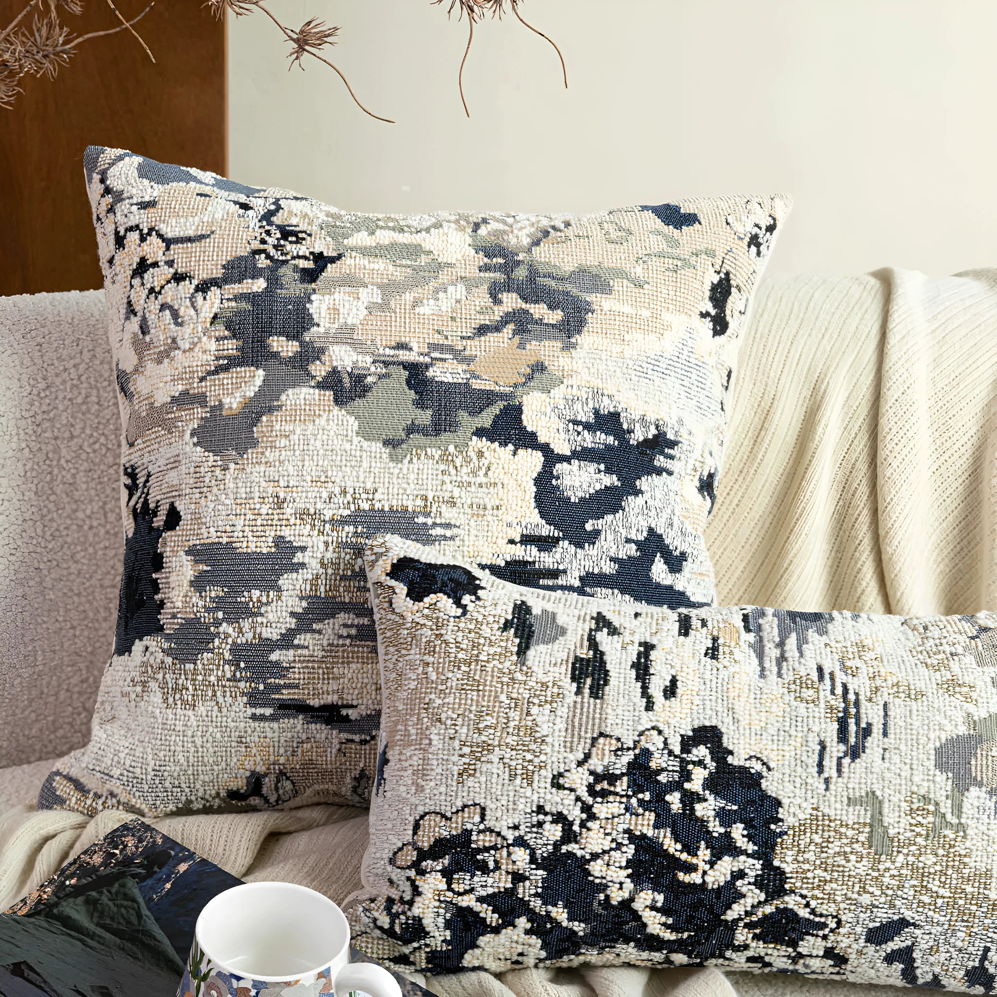 French style decorative cushion with abstract floral pattern in antique blue colour