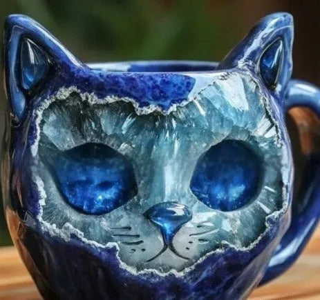 Purple geode mug with crystal pattern and cat design measuring 11cm tall