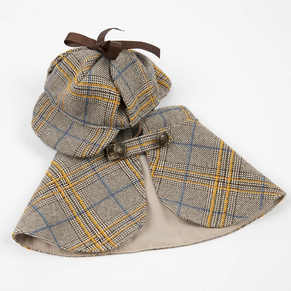 Camel coloured cotton pet cloak with adjustable hat shown in cloak style for dog wear