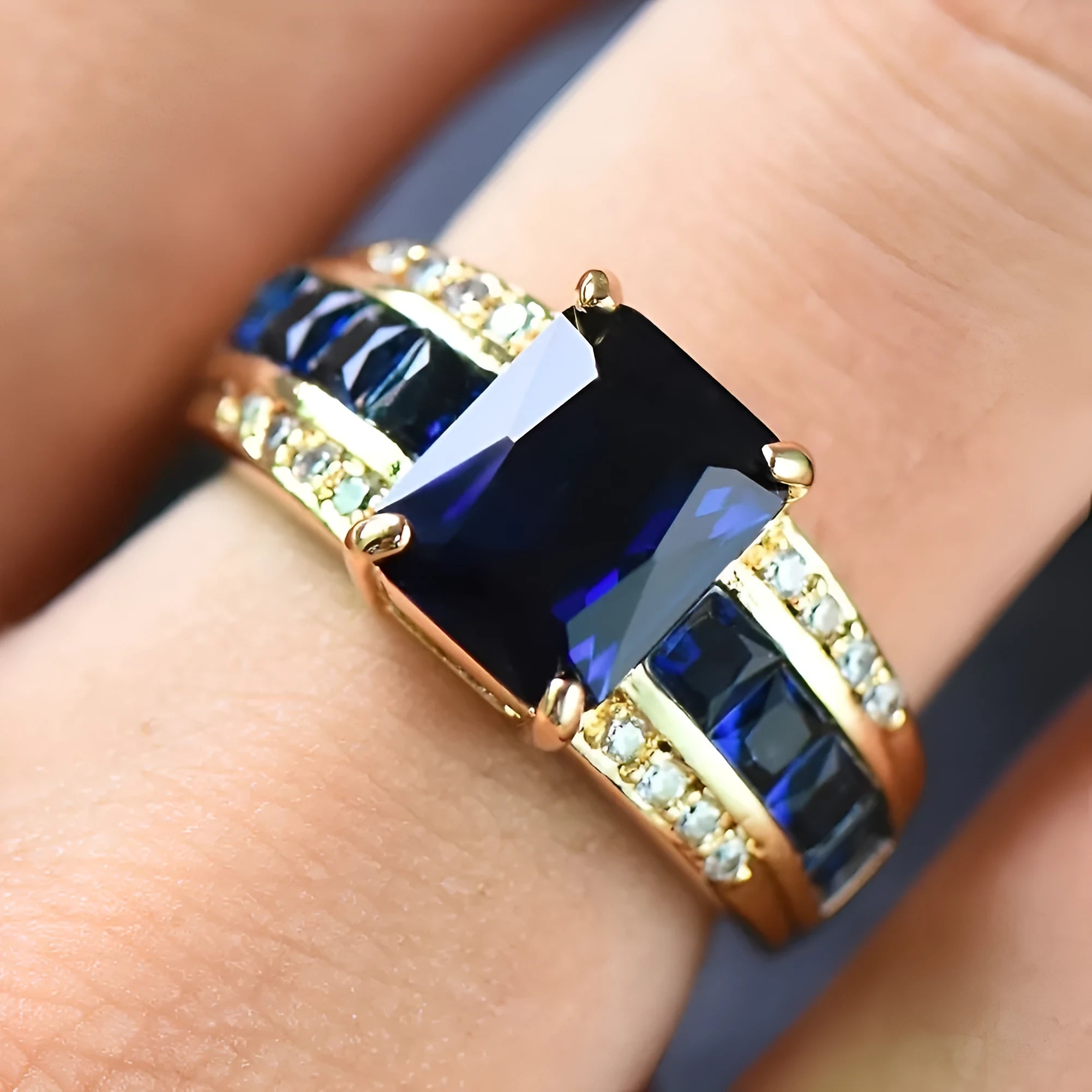 Personalised zinc alloy ring with diamond treatment in sunflower blue or square purple and blue zircon designs.