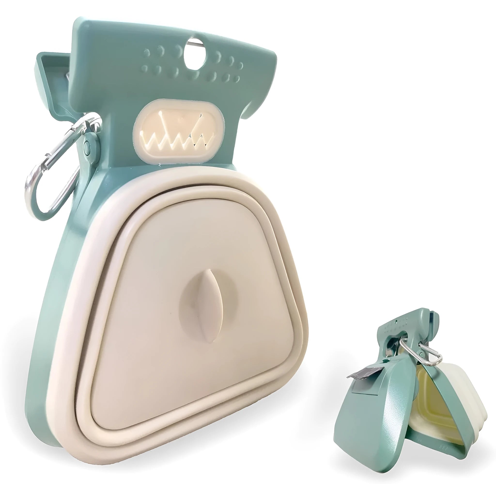 Handheld portable pooper scooper with expandable container and clip for dog waste collection in blue green grey or yellow