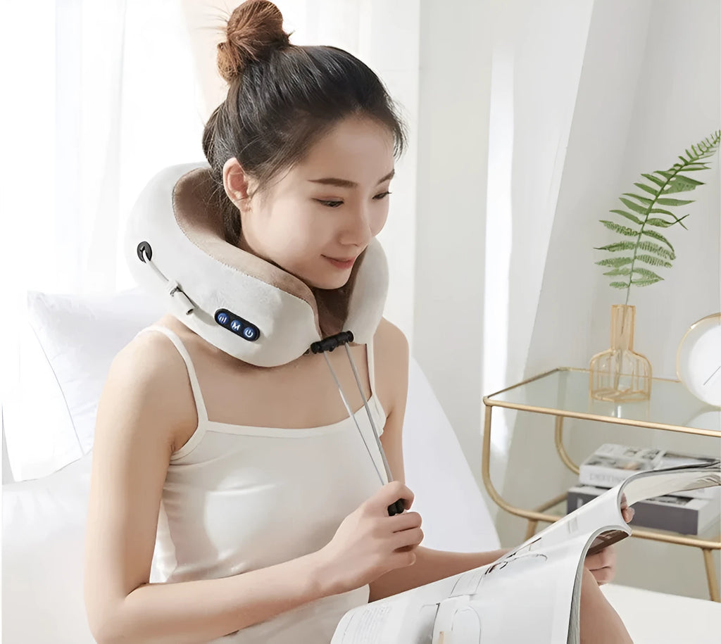 Brown U-shaped electric neck massager pillow with heat function and USB charging