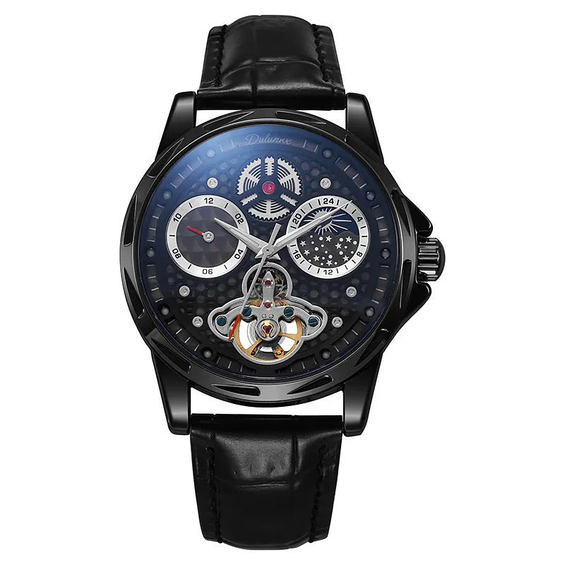 Men's automatic watch with luminous hands on a steel bracelet, black dial, and waterproof case.