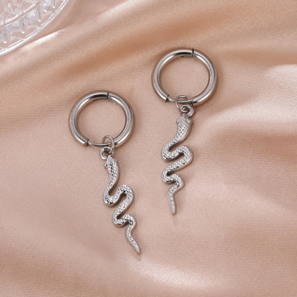 Stainless steel snake-shaped vintage clip earrings with electroplated gold finish and animal zodiac design
