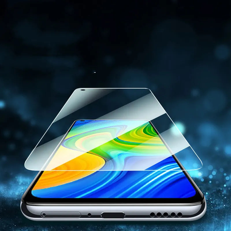 Tempered glass screen protector for Xiaomi and Redmi mobile phones on a white background.