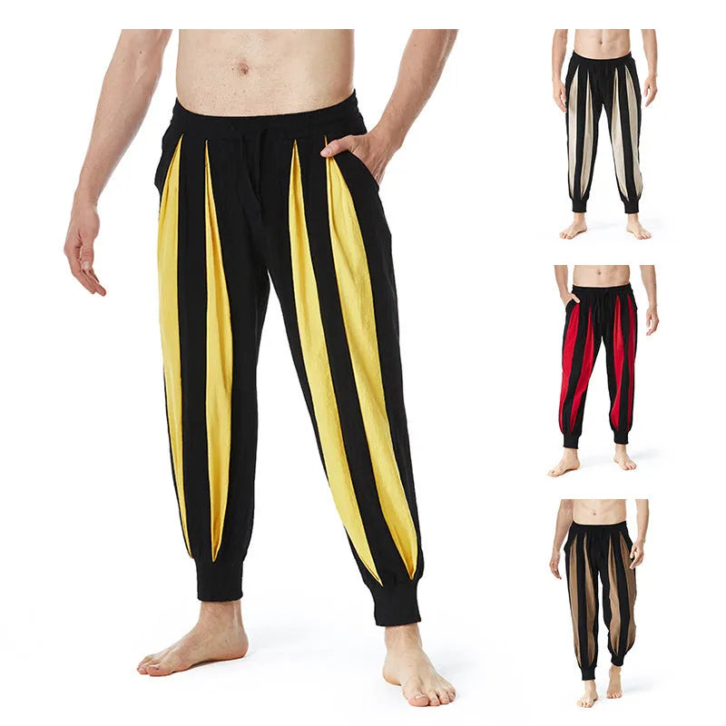 Men's straight-leg casual trousers in red, khaki, yellow, or brown colours with ordinary thickness polyester fabric
